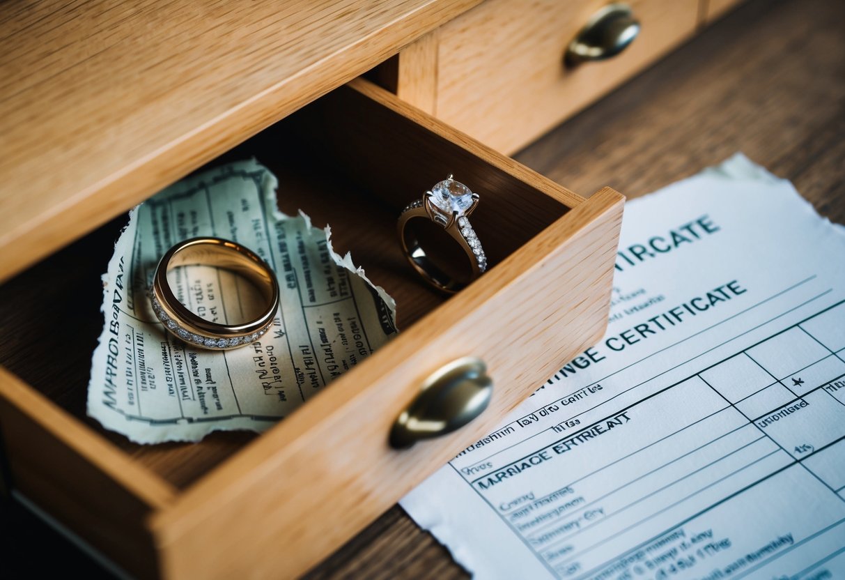 A wedding ring hidden in a drawer, while a marriage certificate lies torn and discarded