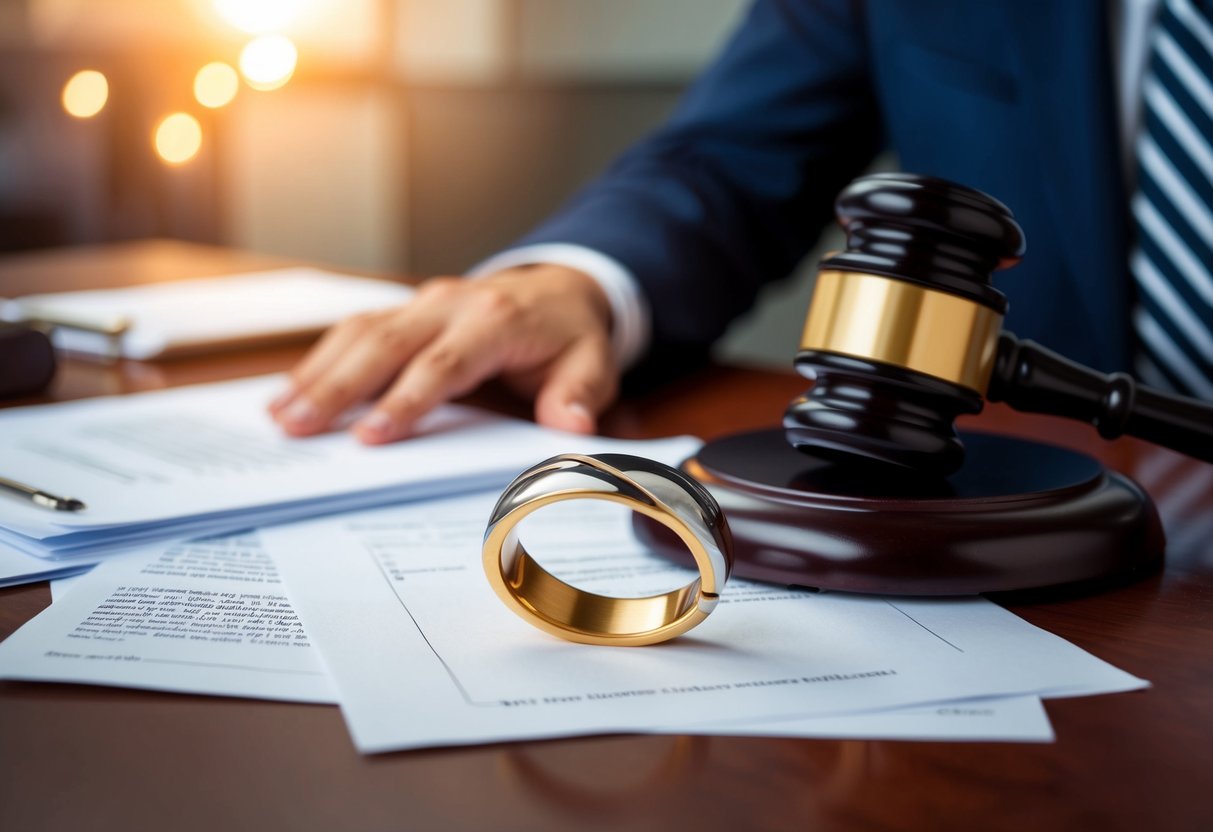 A broken wedding ring amidst courtroom papers and a gavel
