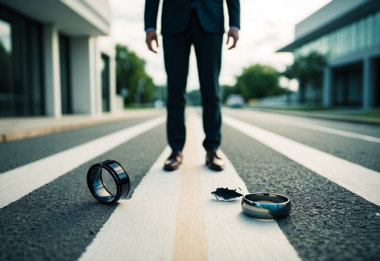 A person standing at a crossroads, with one path leading to a courtroom and the other path leading to a broken wedding ring on the ground