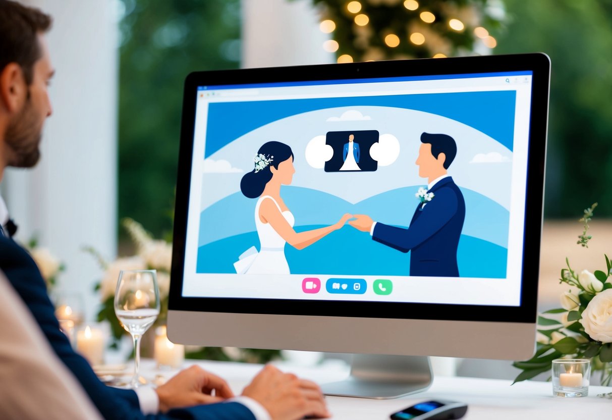 A computer screen displaying a virtual wedding ceremony with two figures exchanging vows via a video call
