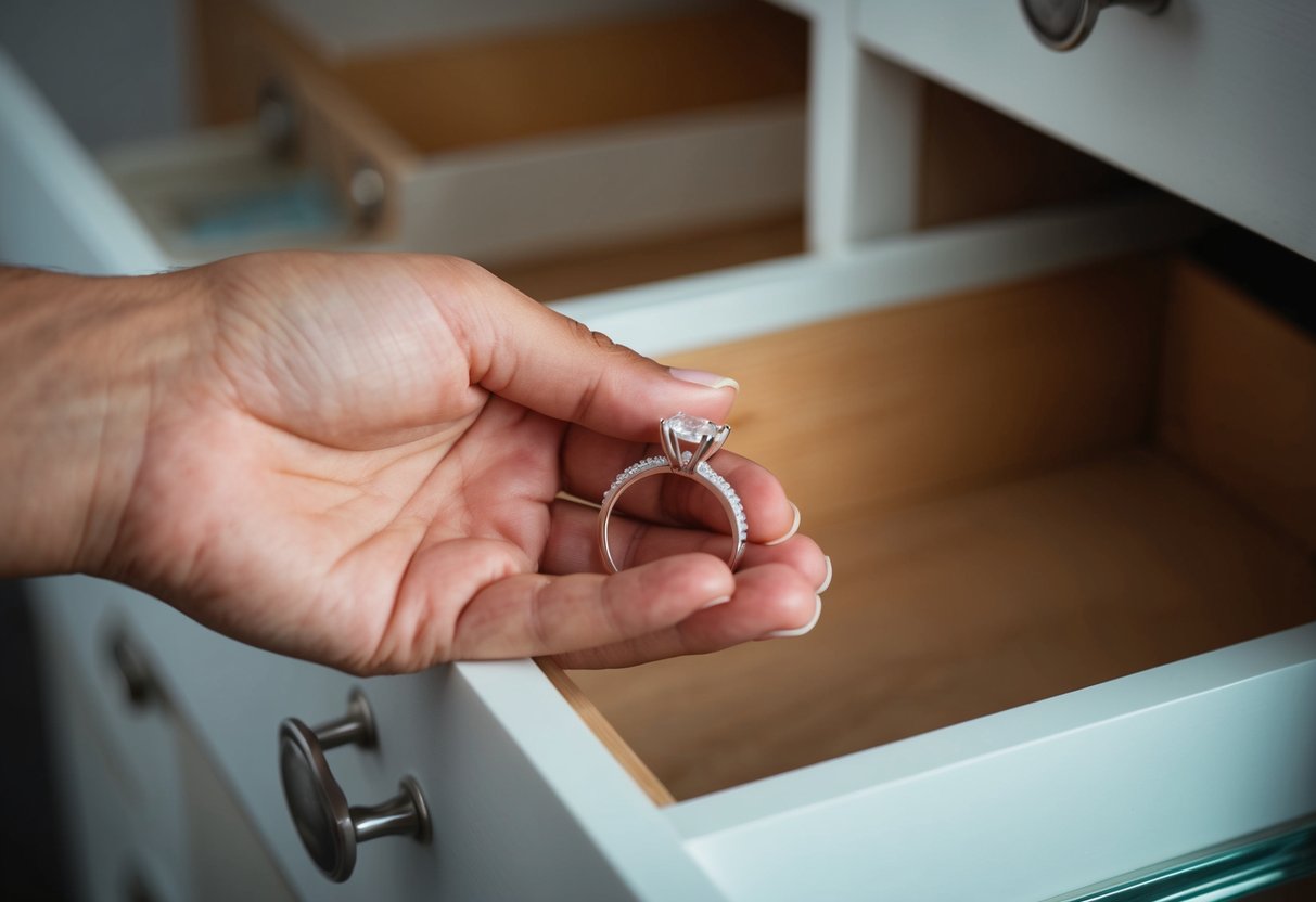 A wedding ring being slipped off and hidden in a drawer