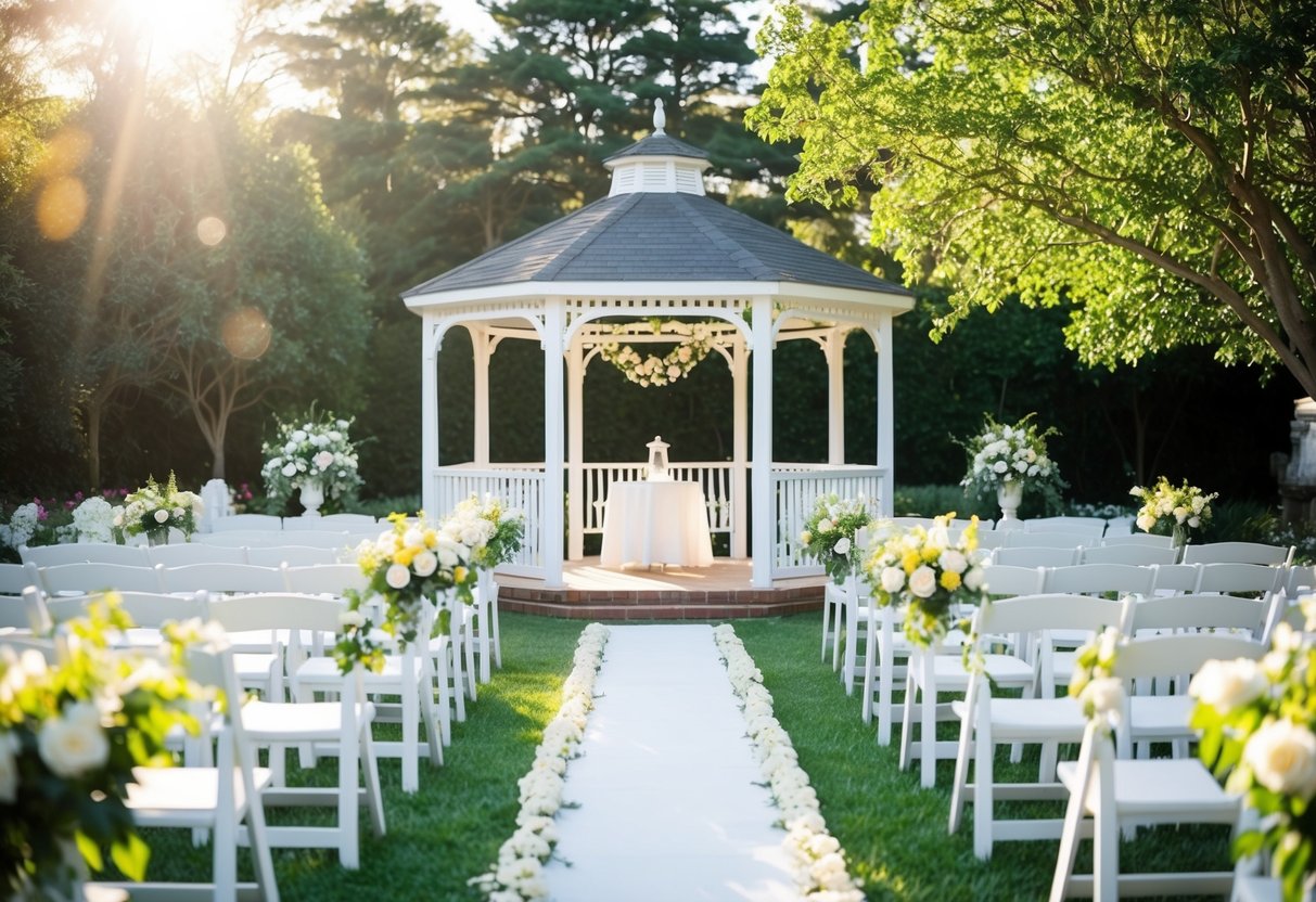 A beautiful, flower-filled garden with a white gazebo and rows of chairs facing a decorated altar. Sunlight filters through the trees