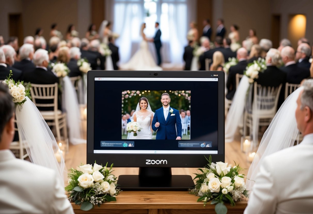 A virtual wedding ceremony on Zoom, with a bride and groom appearing on separate screens surrounded by virtual guests