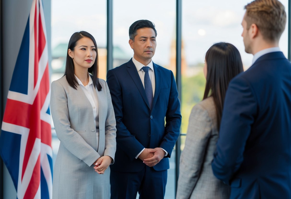 A couple standing in front of an immigration officer, with the UK flag in the background, as they discuss the possibility of deportation