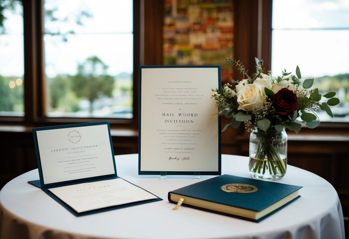 A table with wedding invitations, a map, and a guest book