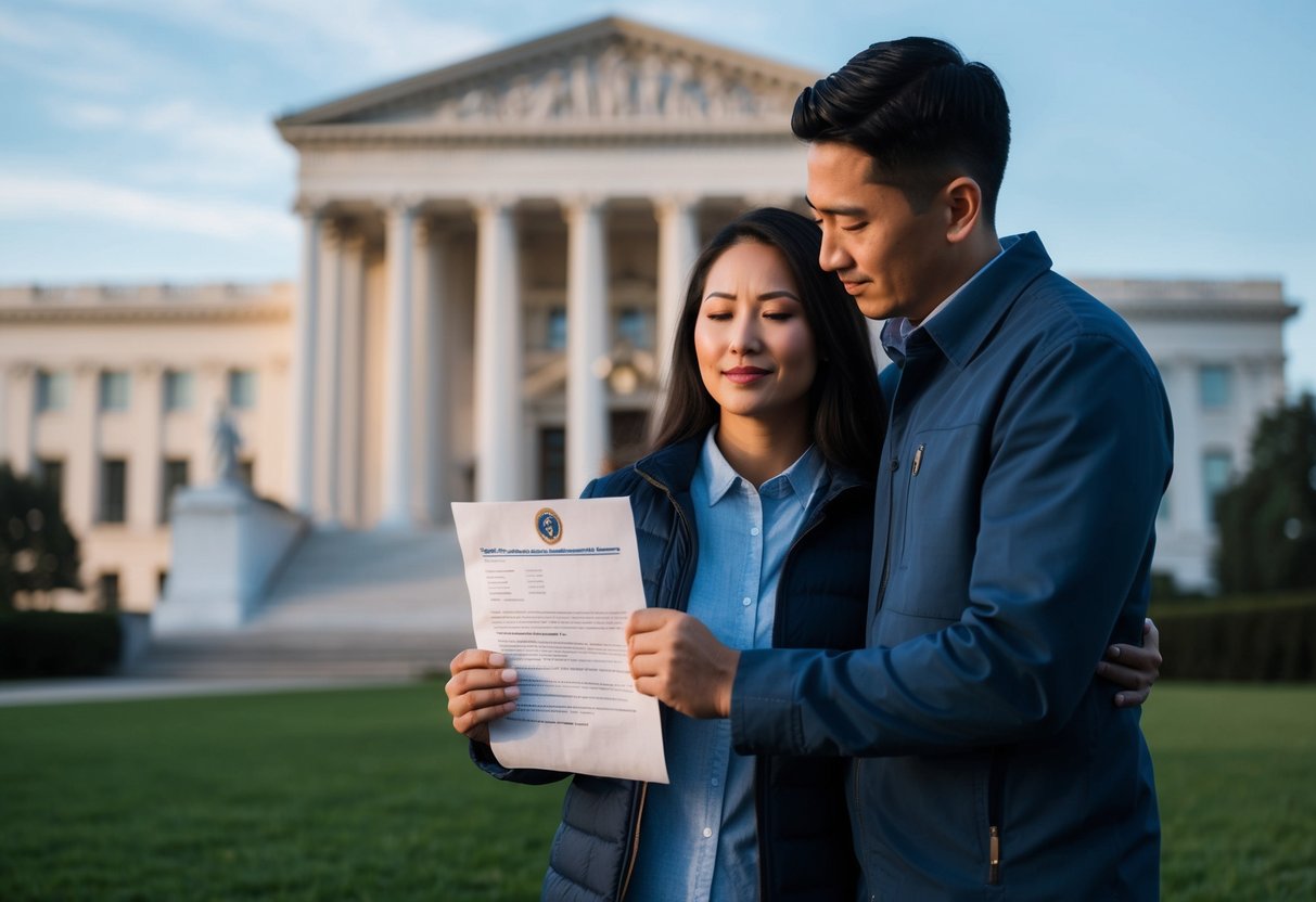 A couple standing in front of a government building, with one holding a letter from immigration authorities and the other comforting them