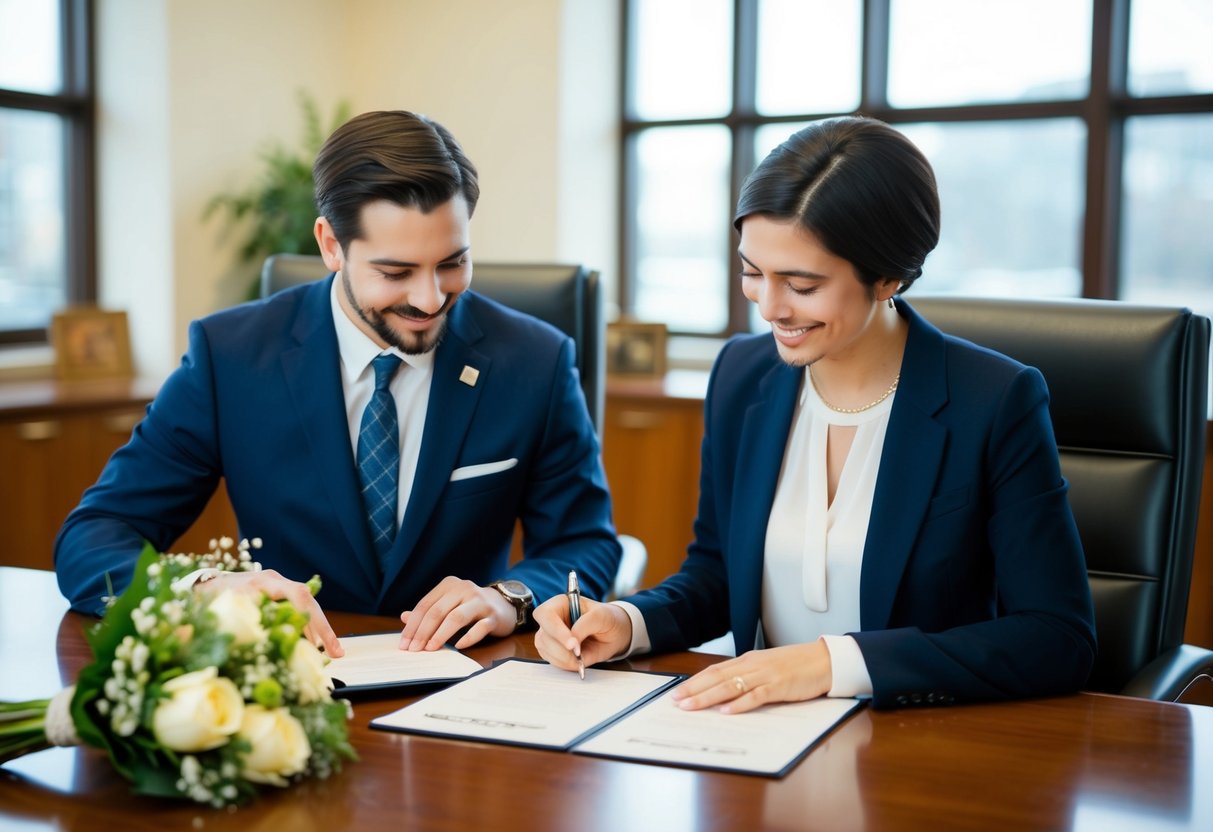 A couple signing legal documents at a government office, with a celebratory bouquet on the table