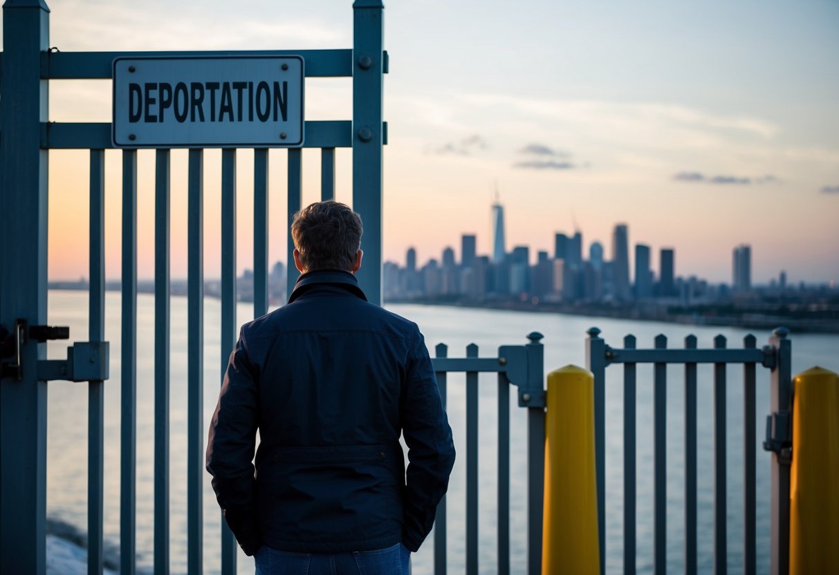 A person standing in front of a closed border gate with a sign reading "Deportation" while looking longingly at a distant city skyline