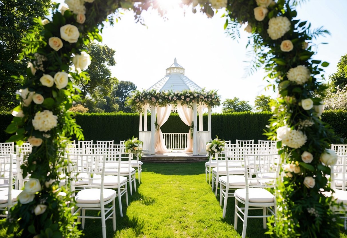 A floral archway frames a sunlit outdoor ceremony, with chairs arranged in neat rows facing a white gazebo adorned with billowing fabric and fresh greenery