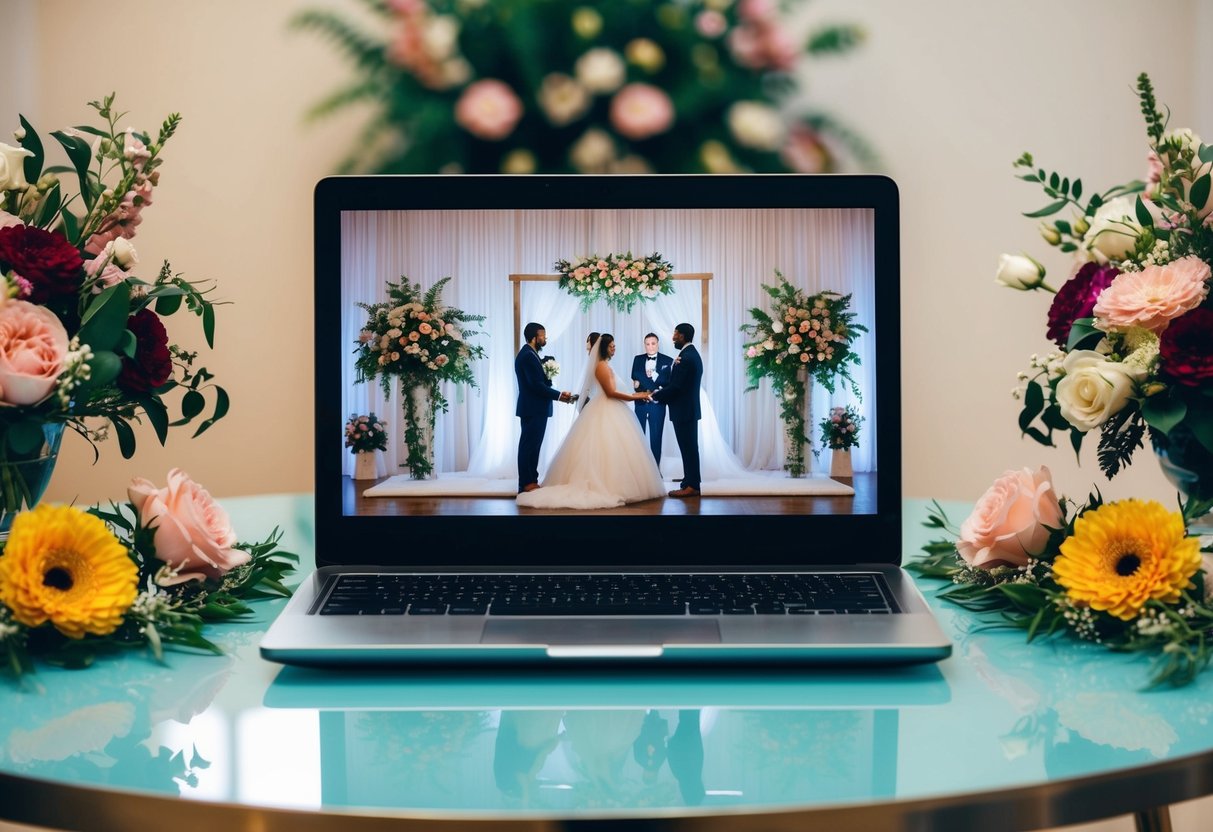 A laptop on a table with a virtual wedding ceremony streaming on the screen, surrounded by flowers and decorative elements