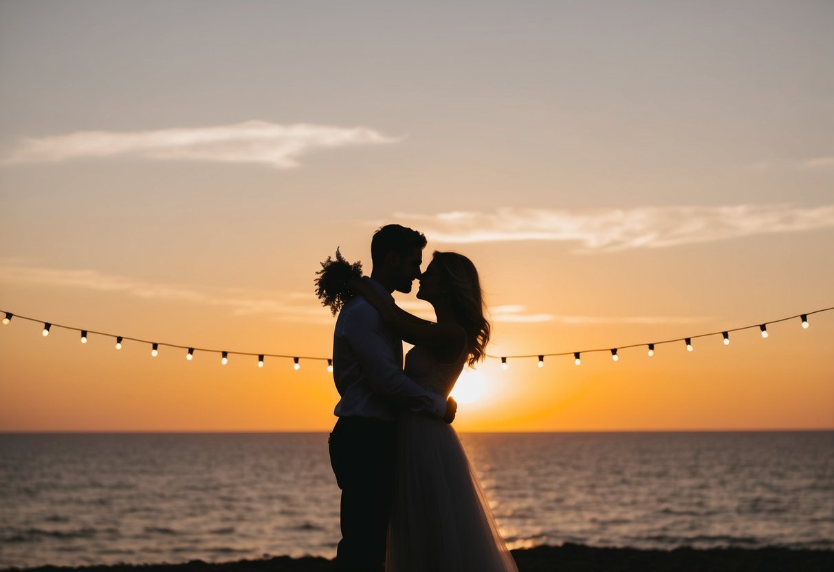 A couple's silhouettes embrace across a sunset horizon, connected by a string of glowing lights