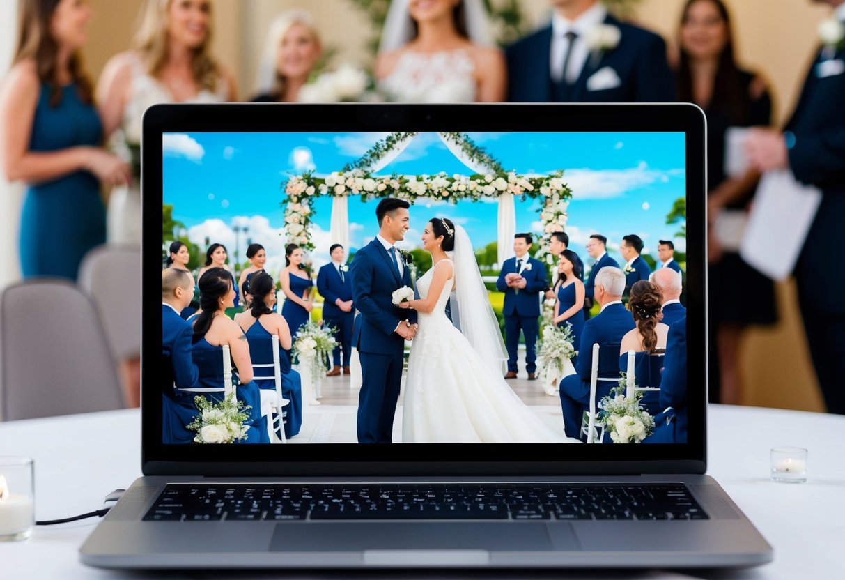 A laptop displaying a virtual wedding ceremony with a bride and groom on screen, surrounded by digital guests in a virtual venue