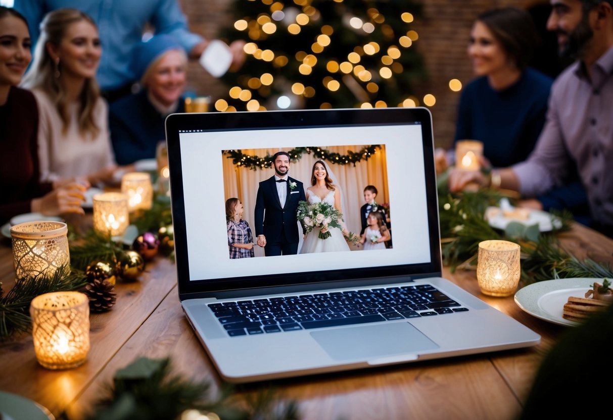 A laptop with a virtual wedding displayed on the screen, surrounded by festive decorations and a small gathering of friends and family