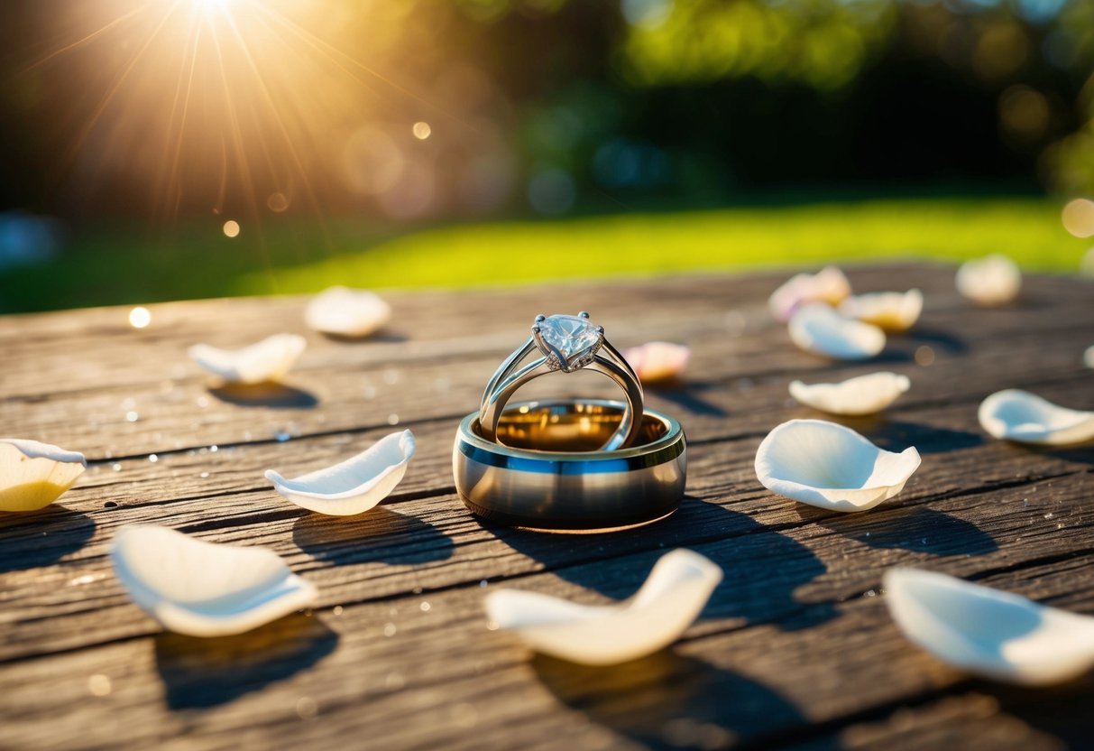 A sunlit garden with scattered rose petals and a pair of intertwined wedding rings resting on a rustic wooden table