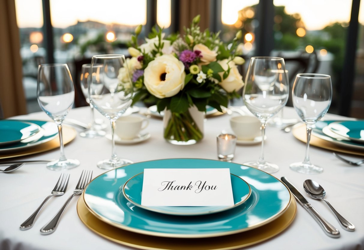 A table set with elegant dinnerware, a bouquet of flowers, and a thank-you card