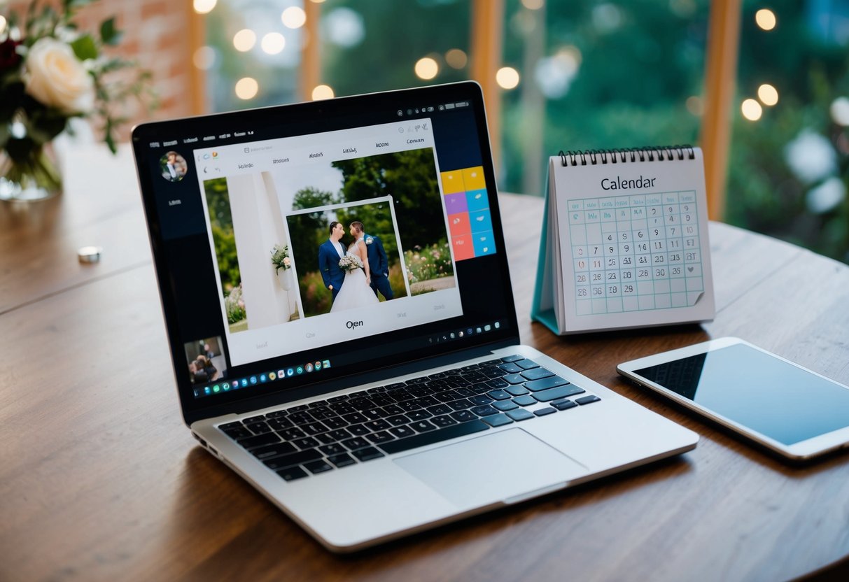 A laptop open on a table with a wedding photo displayed, a calendar, and a social media app open, indicating consideration of when to post after the wedding