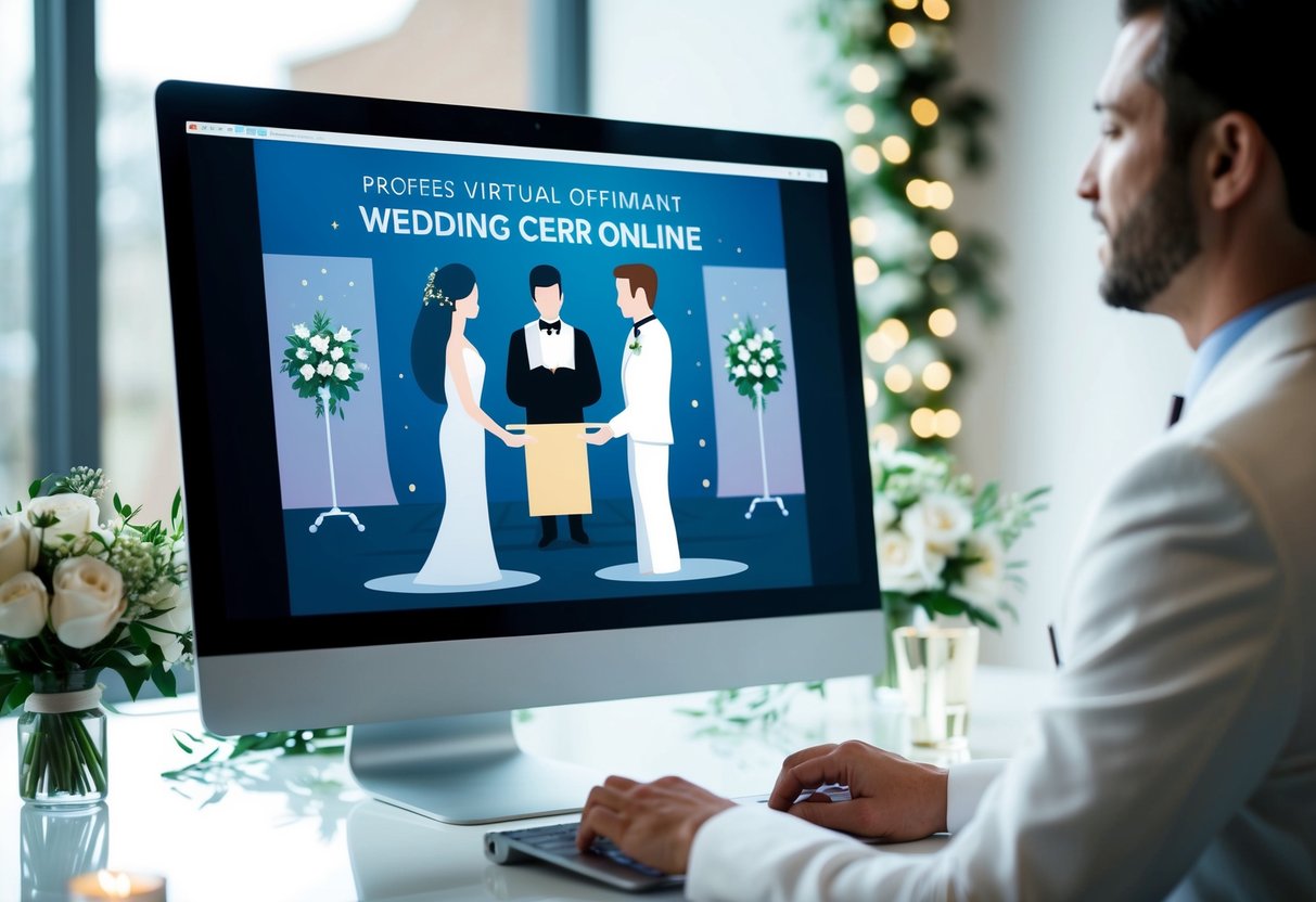 A computer screen displaying a wedding ceremony conducted online, with a virtual officiant and two avatars exchanging vows