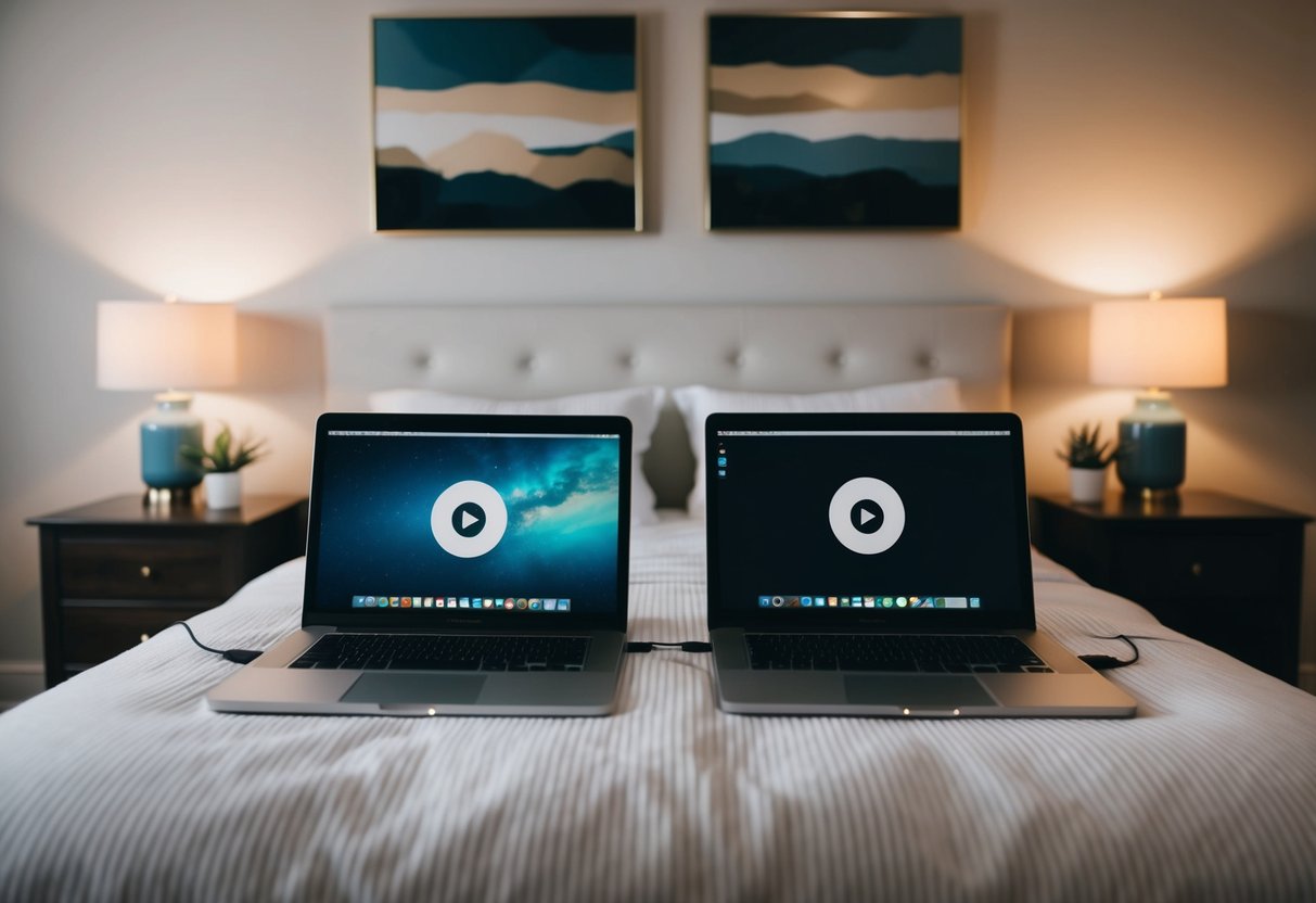 A cozy bedroom with two connected laptops on the nightstands, soft lighting, and a shared playlist playing in the background