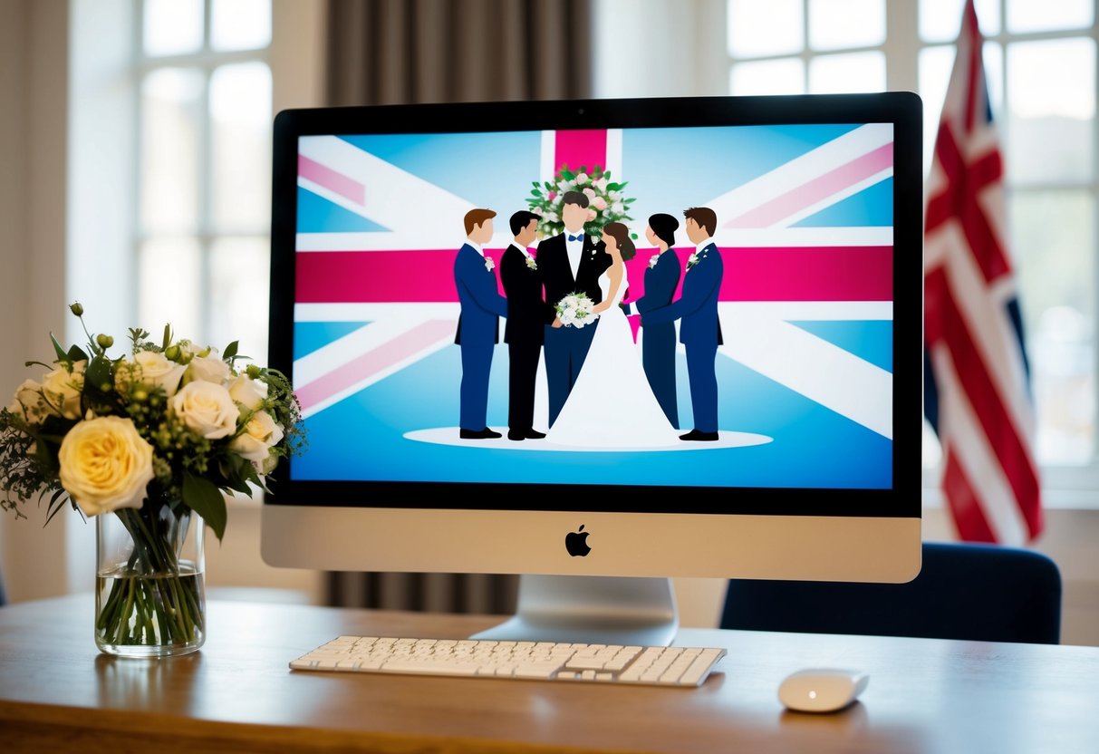 A computer screen displaying a virtual wedding ceremony with a UK flag in the background
