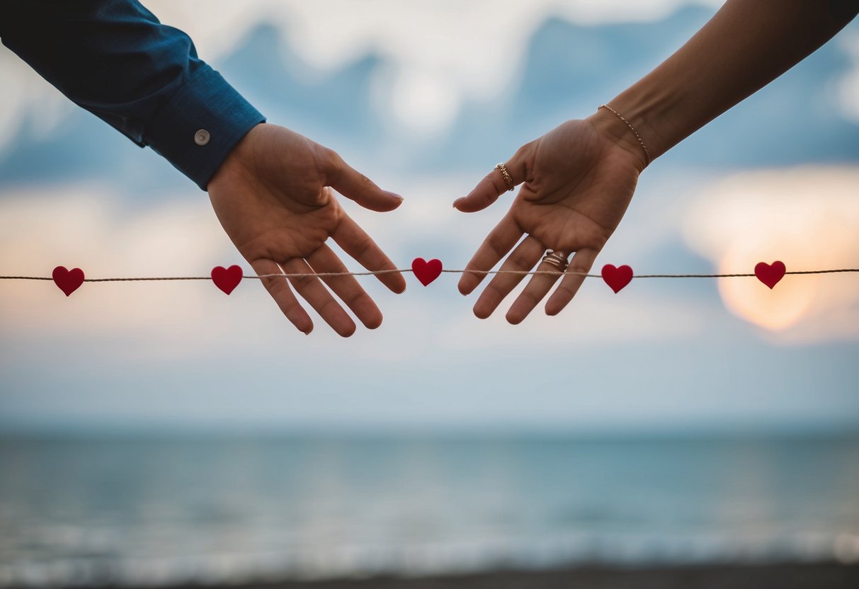 A couple's hands reaching towards each other, connected by a string of hearts, symbolizing emotional intimacy in a long-distance marriage
