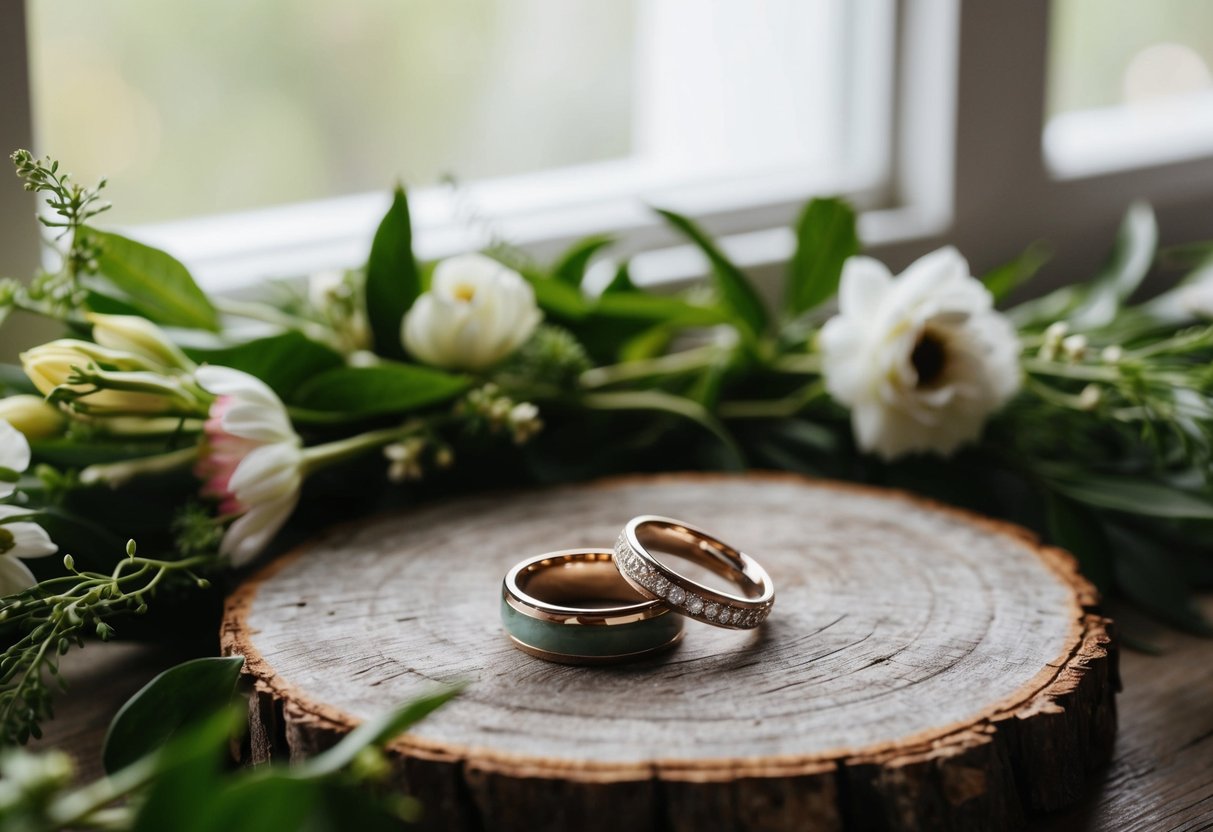 A pair of elegant wedding rings placed on a rustic wooden surface, surrounded by fresh flowers and greenery, with soft natural light streaming in from the window