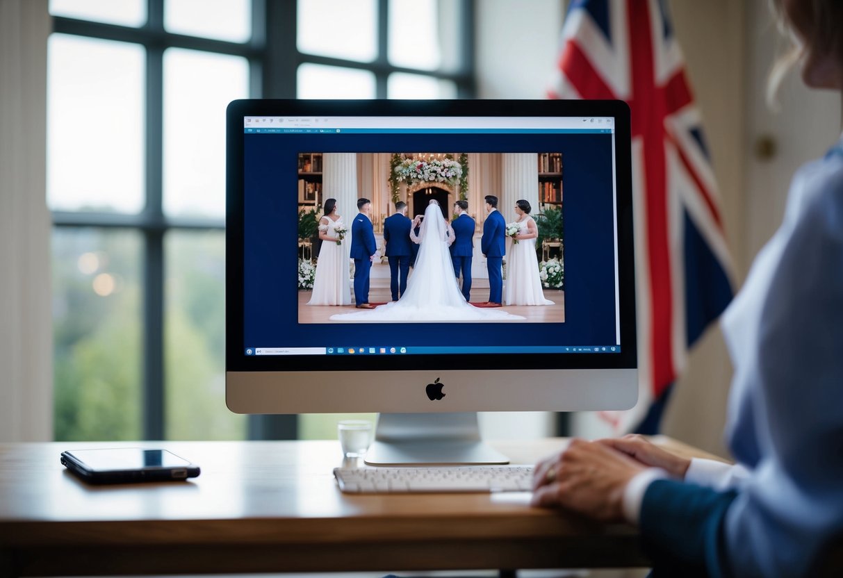 A computer screen displaying a virtual wedding ceremony, with a British flag in the background