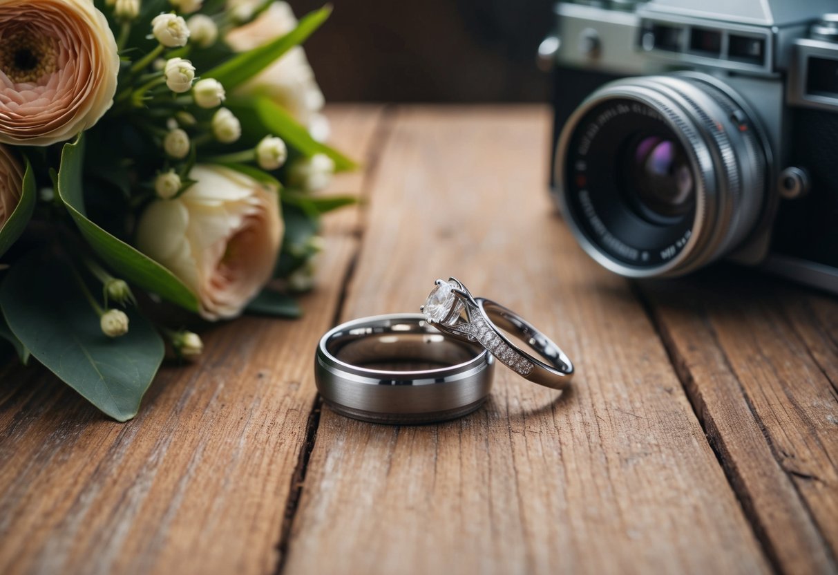 A pair of wedding rings placed on a rustic wooden surface with a bouquet of flowers and a vintage camera nearby