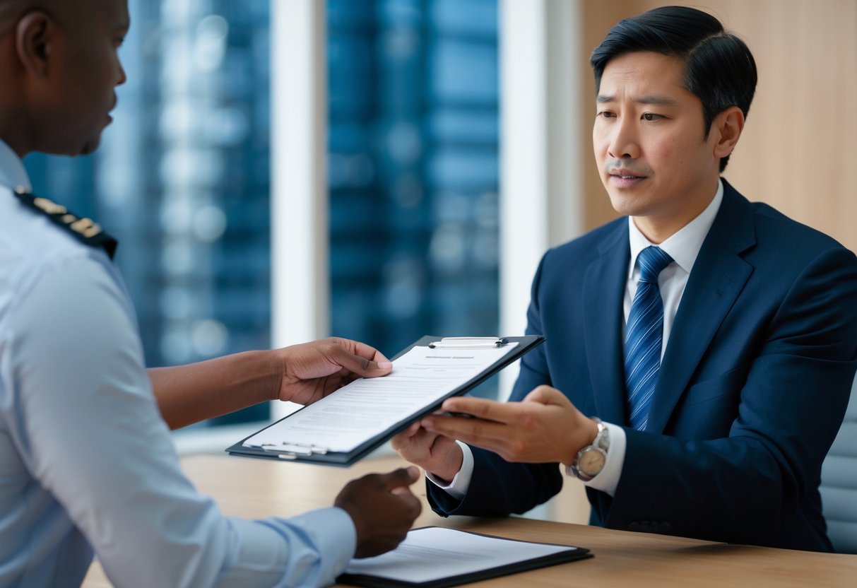 A person handing over documents to an official with a concerned expression