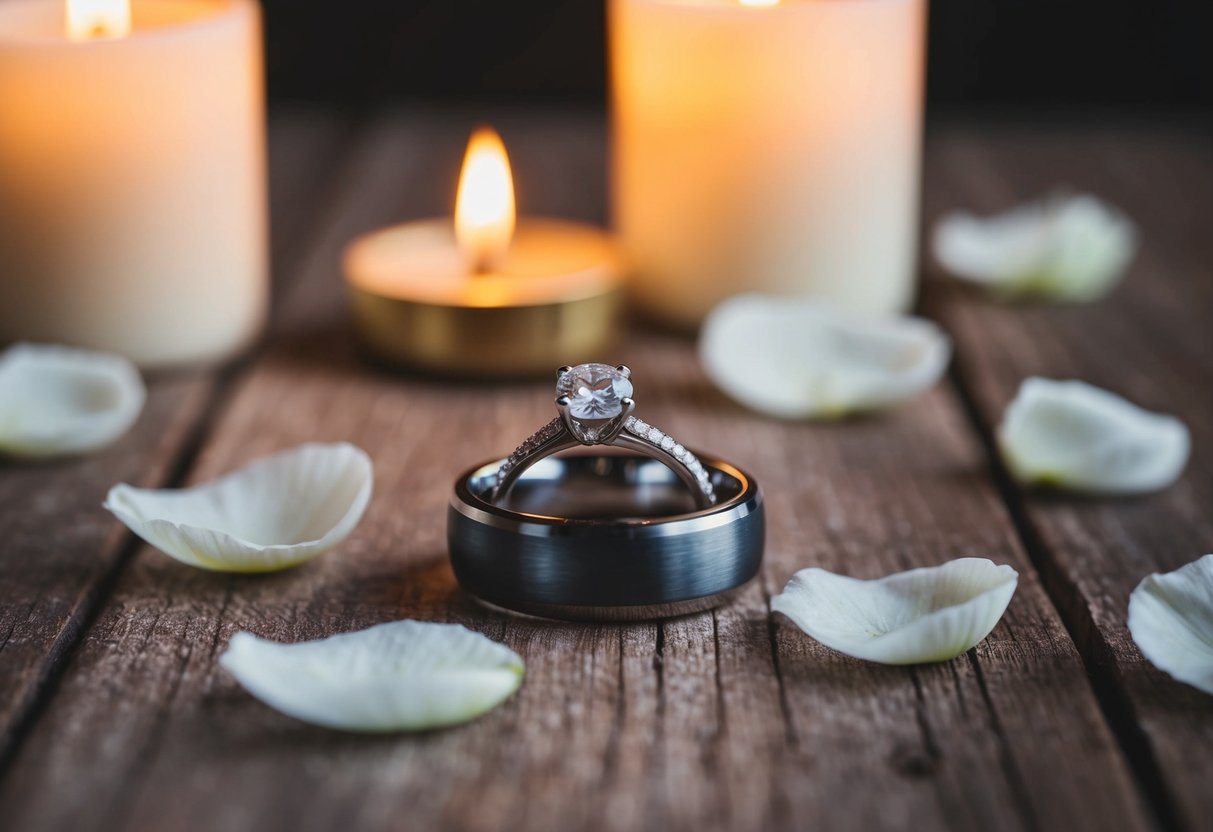 A pair of wedding rings placed on a rustic wooden surface, surrounded by delicate flower petals and soft candlelight