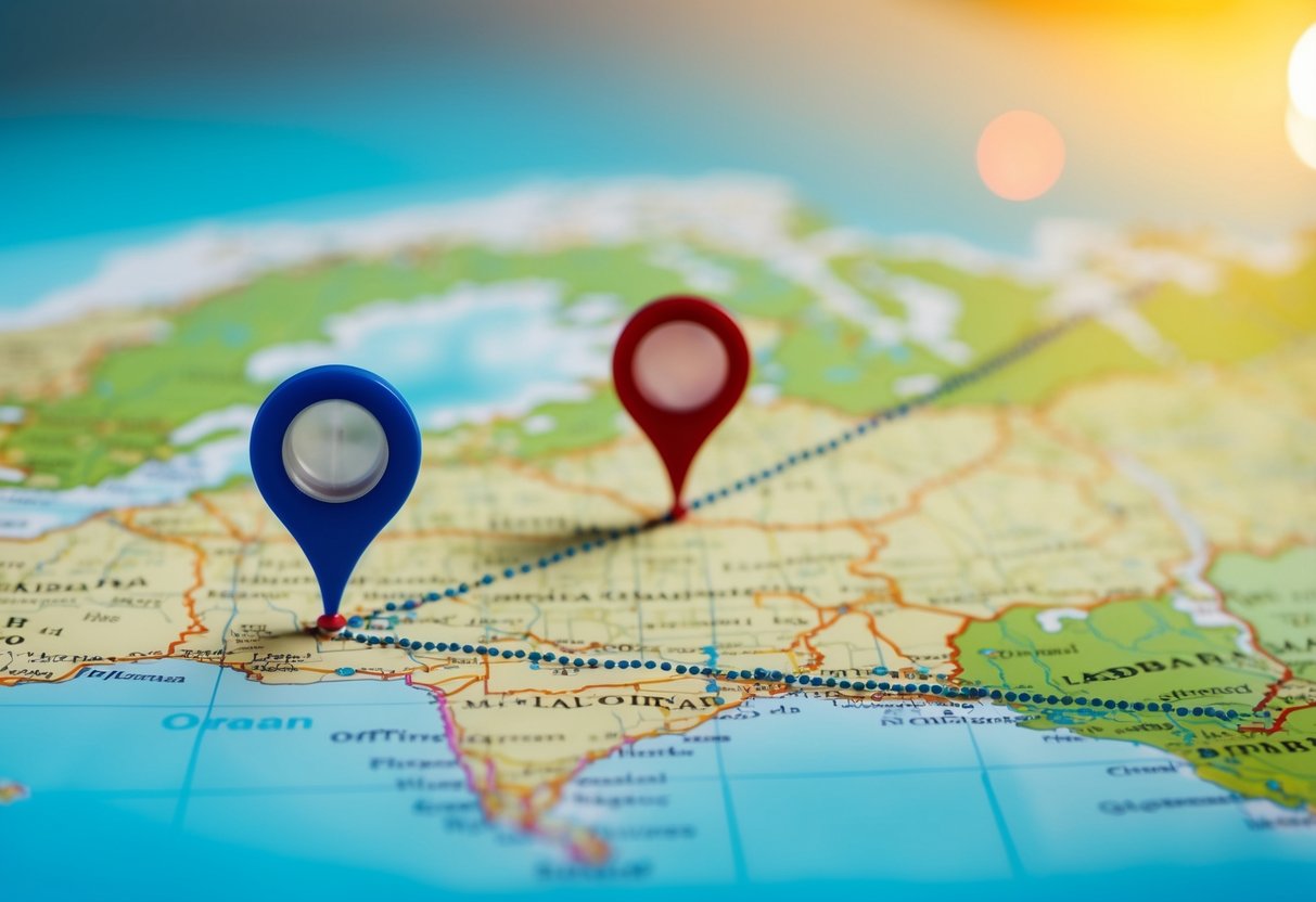 A map with two distant locations connected by a dotted line