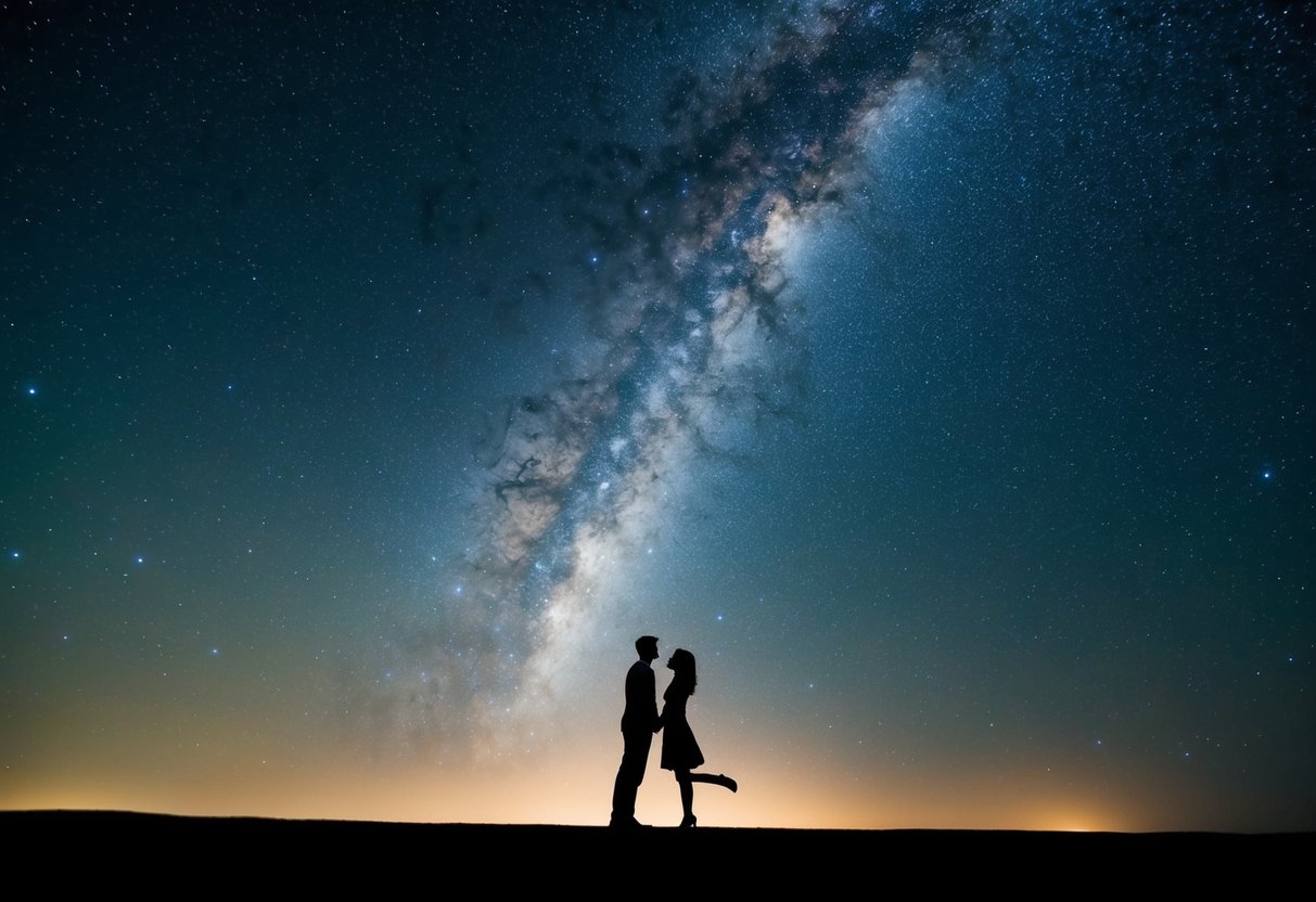A couple’s silhouettes reaching out to each other across a vast, starry night sky