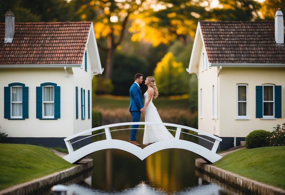 A couple bridging a gap between two houses with a heart-shaped bridge