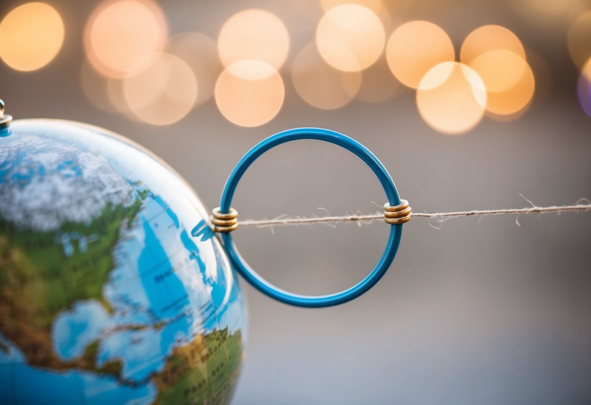 A globe with two rings connected by a thin, stretched string
