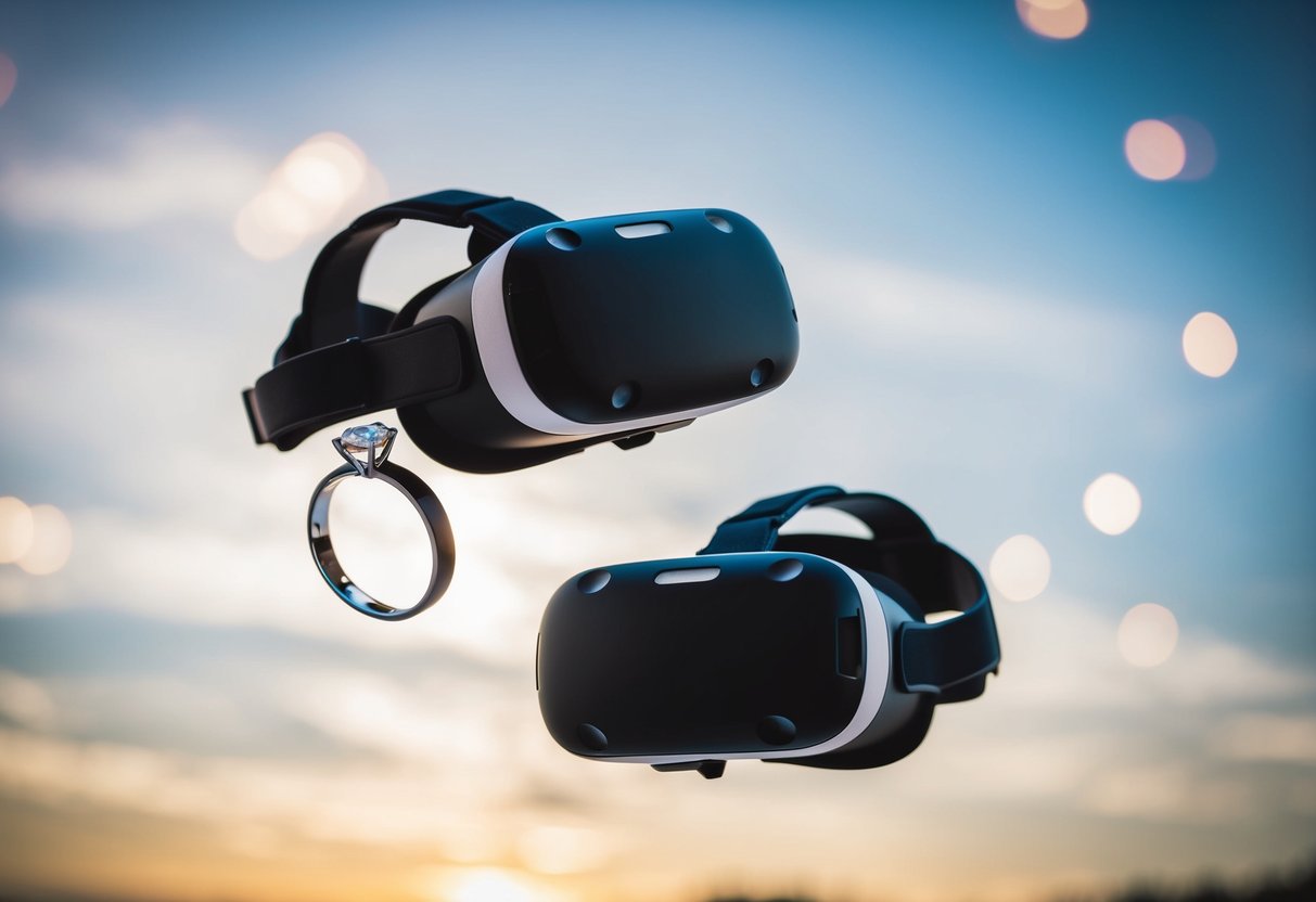 A wedding ring floating above two interconnected virtual reality headsets