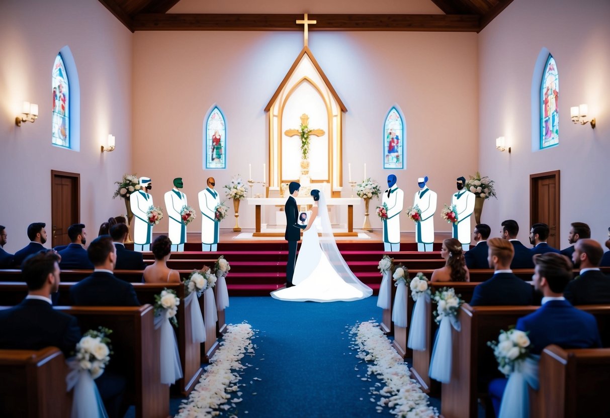 A virtual wedding ceremony with avatars in a digital chapel
