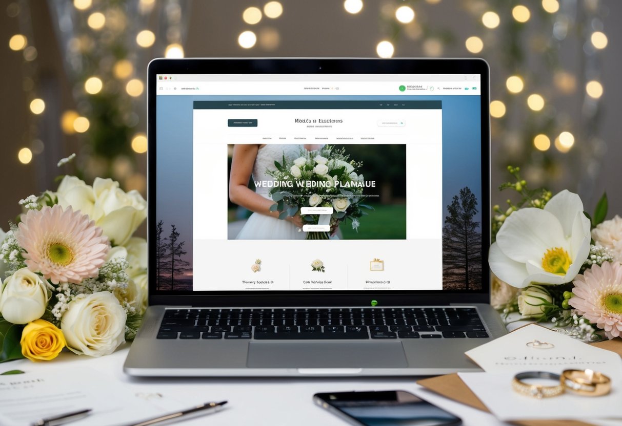 A laptop with a wedding website homepage displayed, surrounded by wedding planning materials like flowers, invitations, and a ring