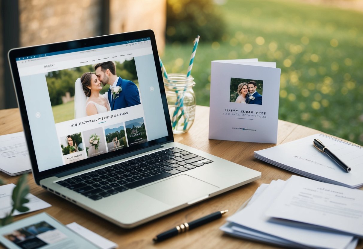 A laptop with a wedding website platform open, surrounded by wedding planning materials and a happy couple's engagement photo