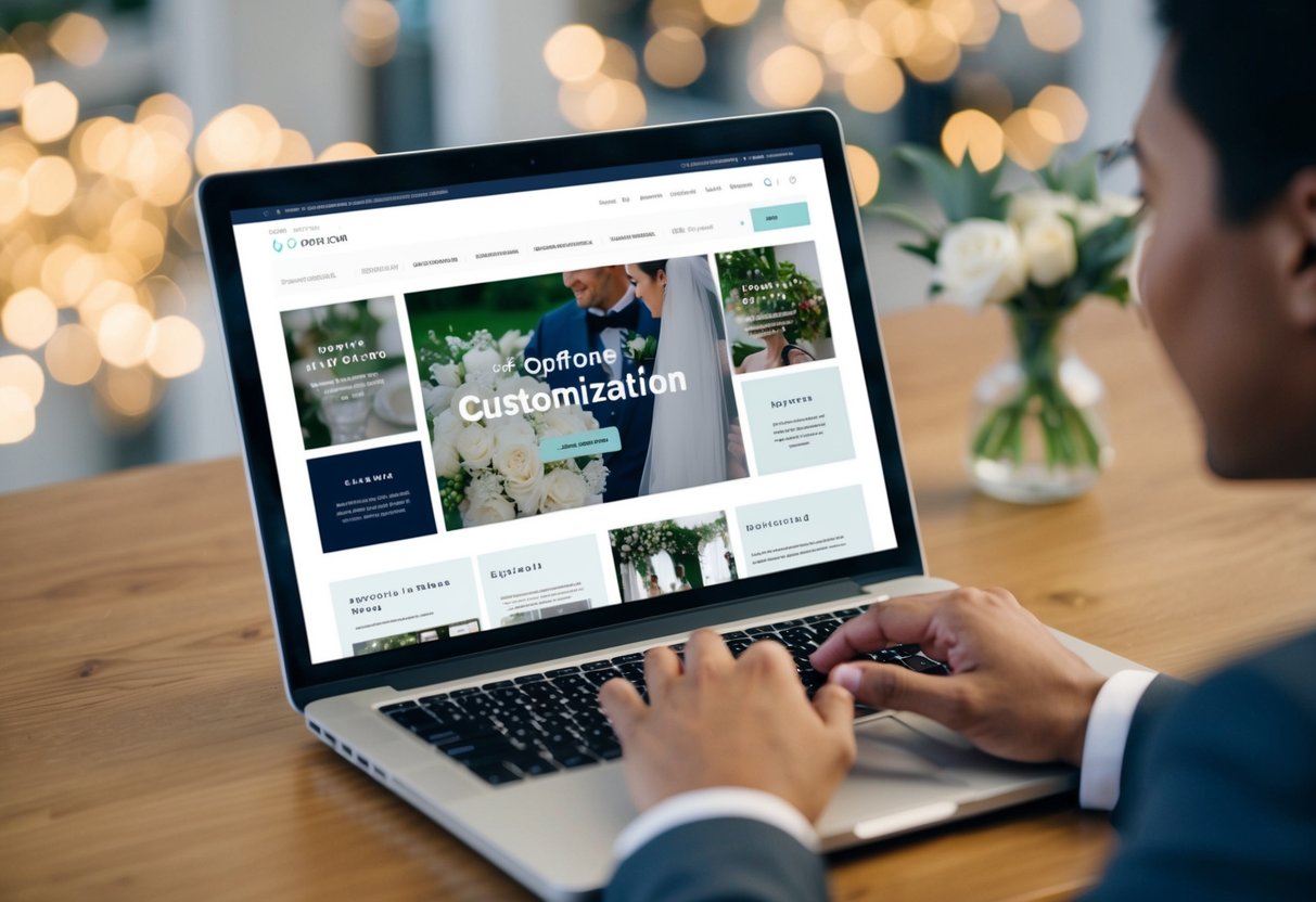 A laptop open to a wedding website customization page, with various design options and personalization features displayed on the screen