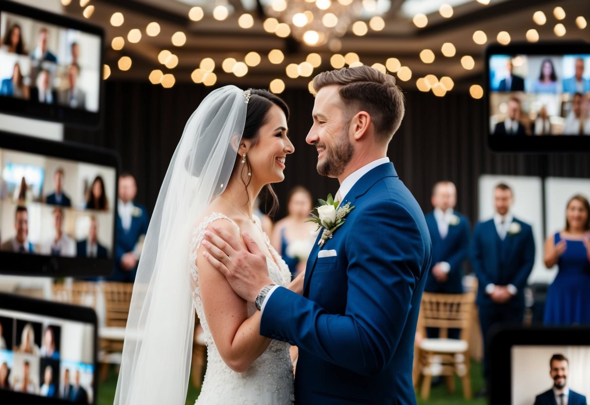 A couple in wedding attire exchange vows via video call with guests watching from their own screens