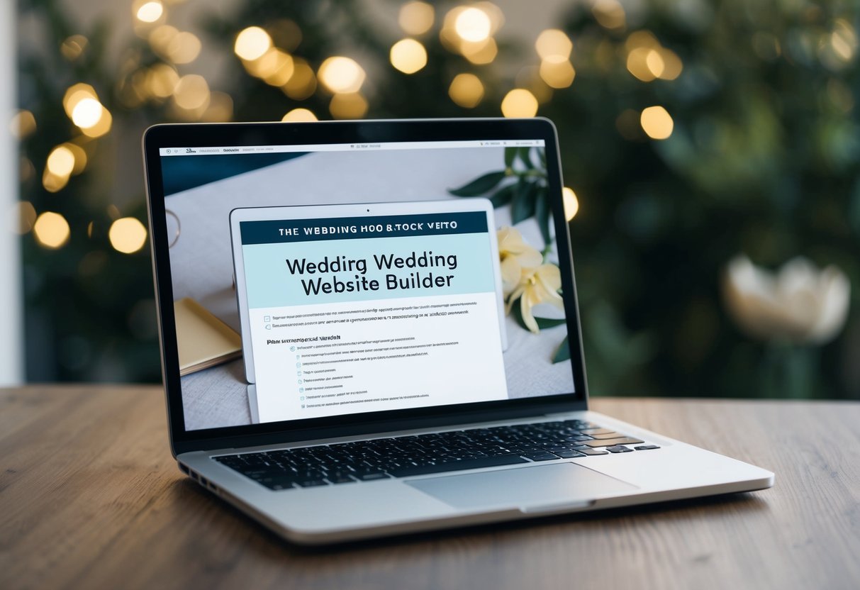 A laptop open to a wedding website builder, with a checklist of key information and a question about setup fees