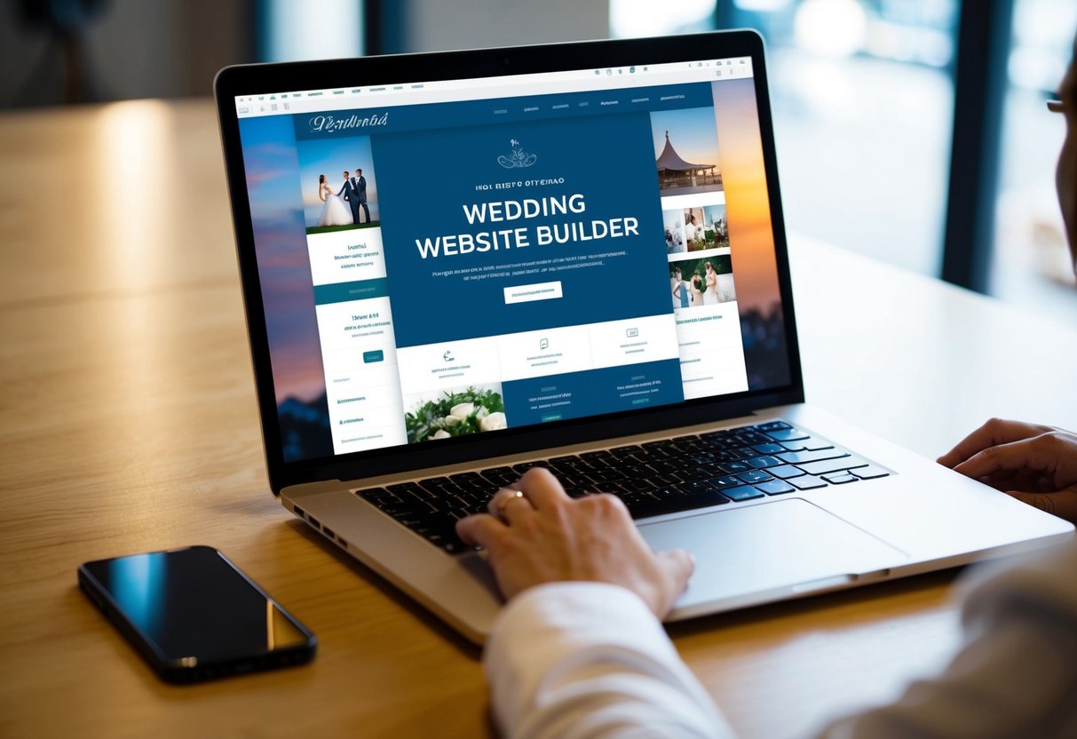 A laptop open to a wedding website builder, with various features and options displayed on the screen