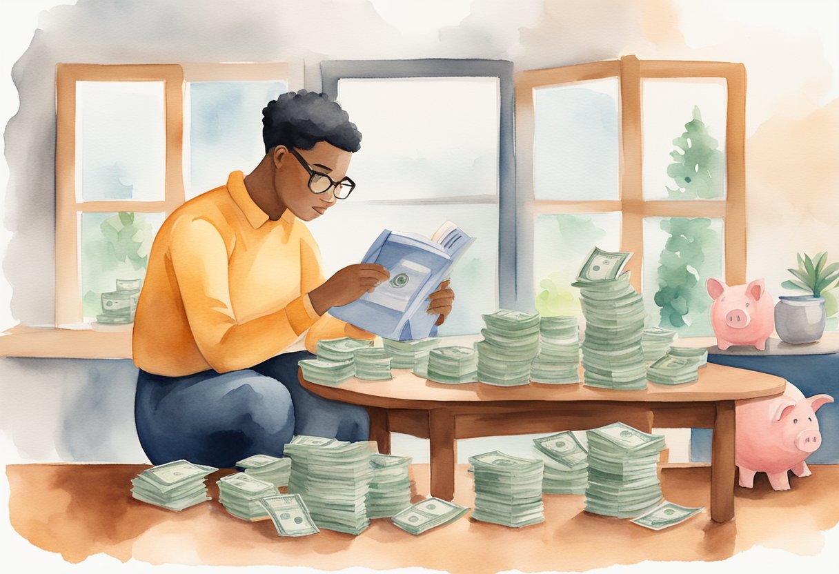 A person reading a book on personal finance with a stack of money and a piggy bank on the table. 