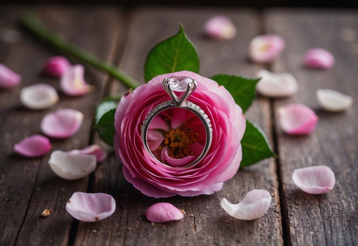 A ring placed inside a blooming flower, surrounded by scattered rose petals on a rustic wooden table