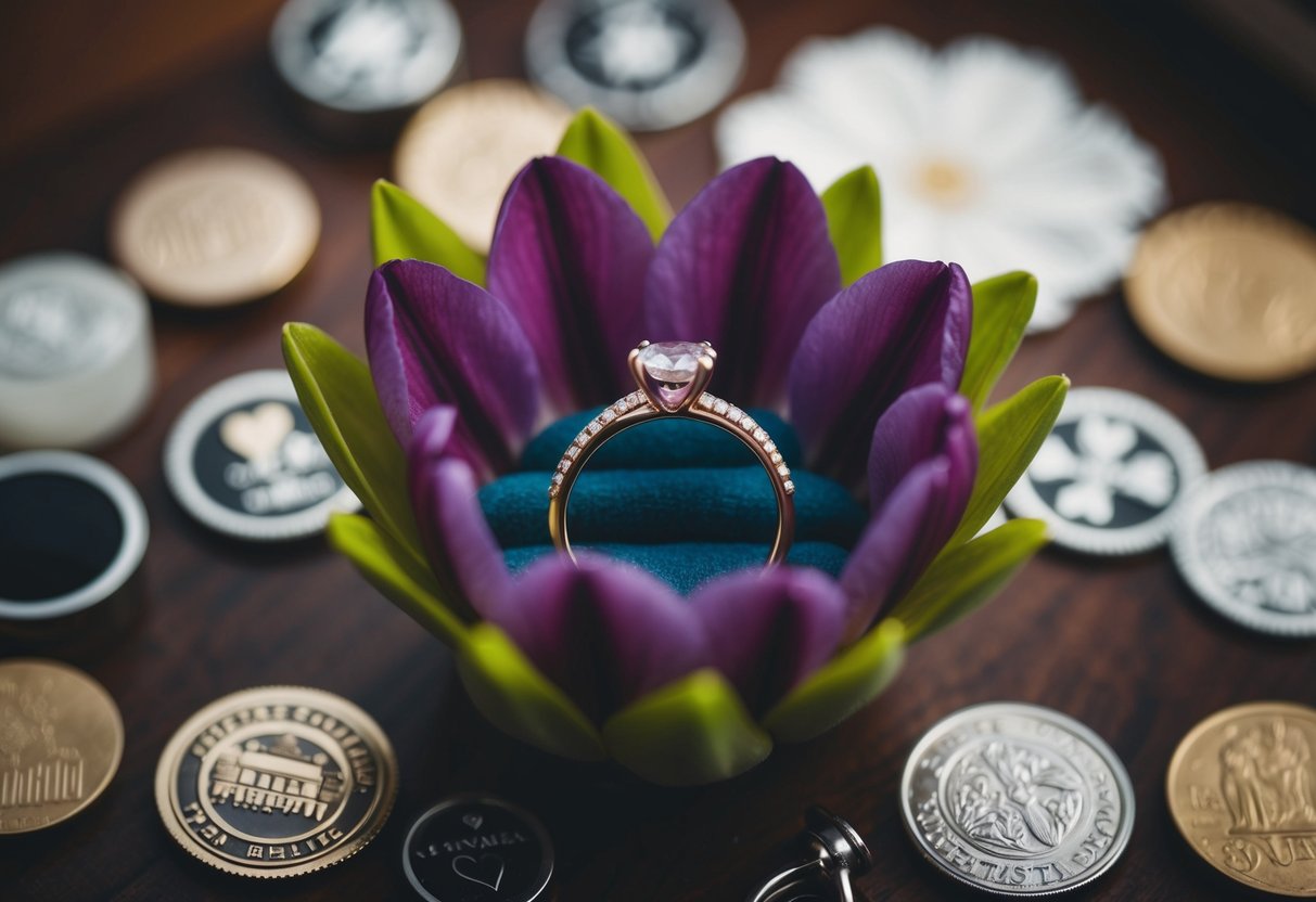 A ring nestled inside a blooming flower, surrounded by meaningful objects and symbols of the couple's relationship