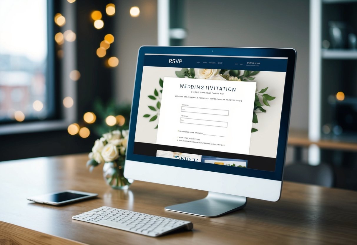 A computer screen with a wedding invitation website open, showing a digital RSVP form