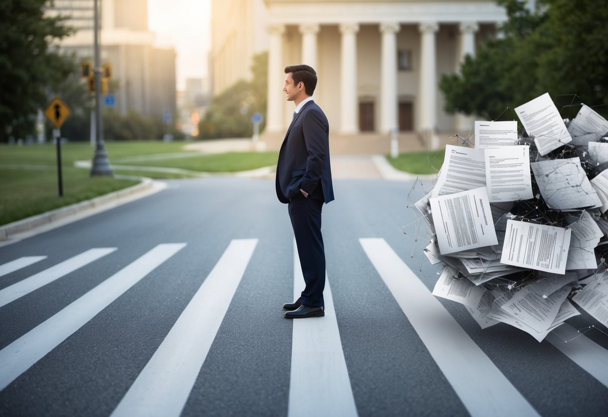 A person standing at a crossroads, with one path leading to a courthouse and the other to a tangled web of legal documents