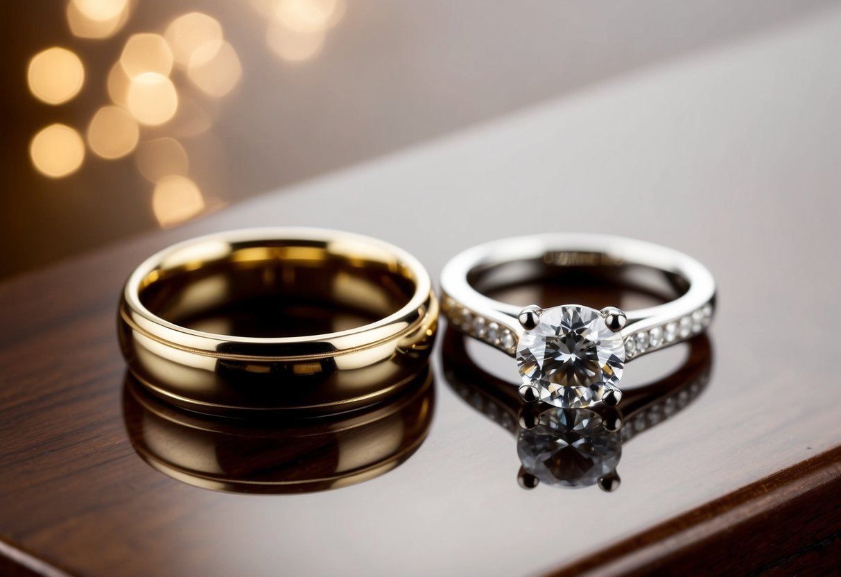 A gold wedding band placed next to a silver engagement ring on a polished wooden surface