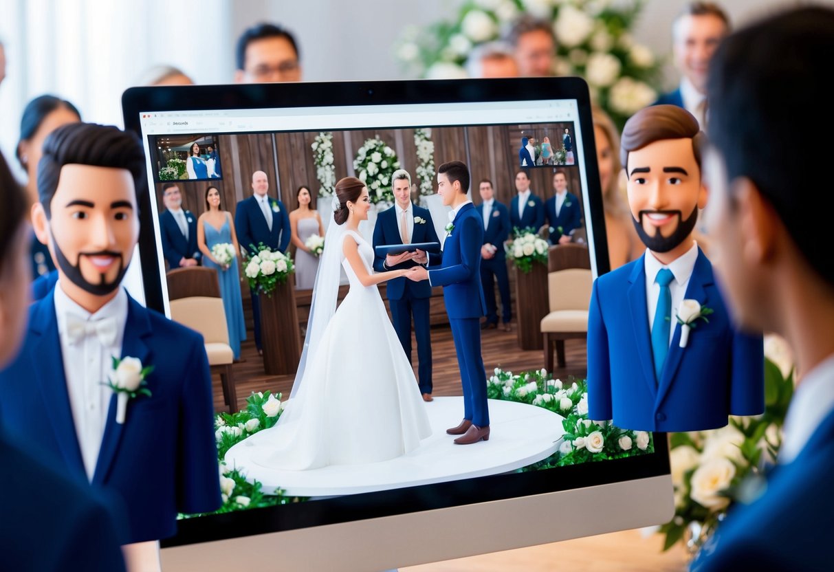 A computer screen displaying a virtual wedding ceremony with avatars of the bride and groom exchanging vows, surrounded by virtual guests in a digital venue