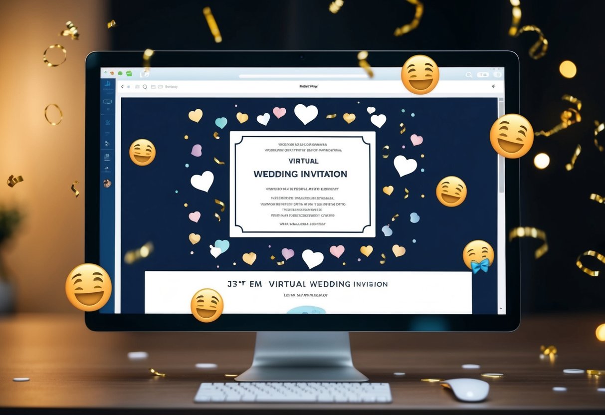 A computer screen with a virtual wedding invitation on display, surrounded by virtual confetti and celebratory emojis