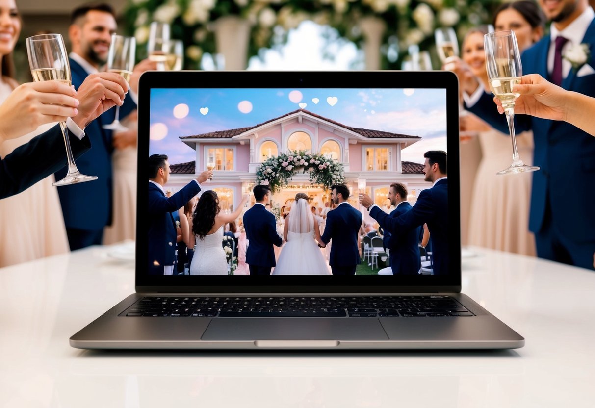 A laptop displaying a virtual wedding ceremony with a digital background of a romantic venue, surrounded by virtual guests raising their glasses in celebration